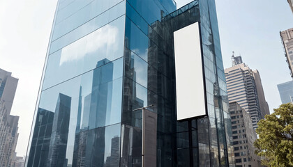 Fototapeta premium Vertical blank white billboard mounted on blue glass office building with city skyline reflections, urban downtown setting with clear sky
