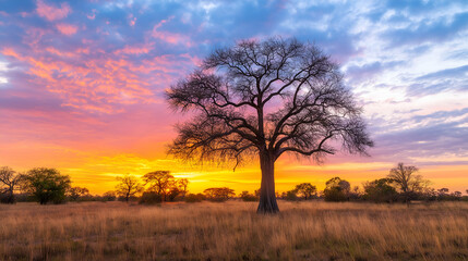 Obraz premium A lone tree silhouetted against a vibrant sunset