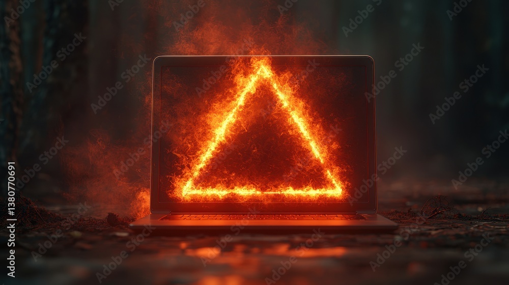 Poster fiery warning sign in a forest with a laptop and glowing triangle