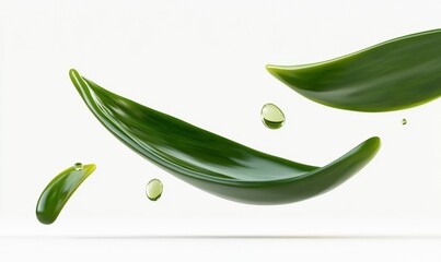 Fototapeta premium Green leaf-shaped liquid splashes on white background, ideal for health or nature themes