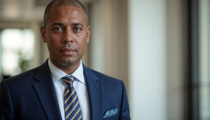 Fototapeta premium African American businessman with shaved head wearing navy suit and blue and gold checked tie in office hallway, serious professional portrait