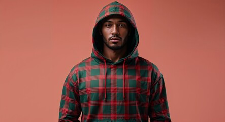 Fototapeta premium Plaid pattern in dark green red hoodie in plain salmon background