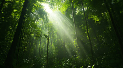 Obraz premium A lush green rainforest with ray sunlight filter
