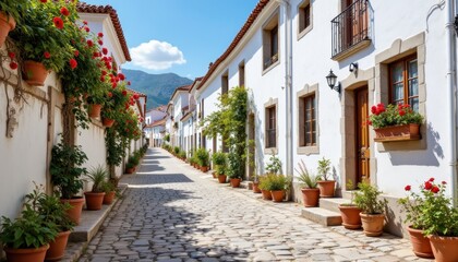 Obraz premium The cobblestone street is lined with charming whitewashed buildings adorned with vibrant flowers