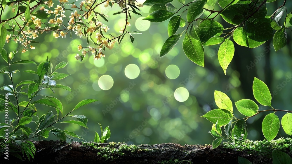 Poster an abstract green bokeh backdrop with circular light patterns and forest tones.