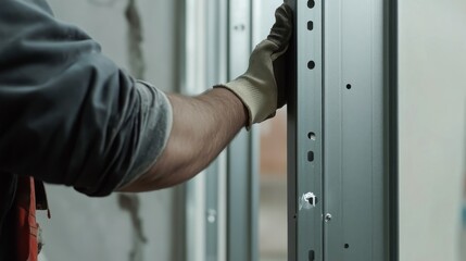 A construction worker installing a metal door frame into a wall. Featuring strength and precision