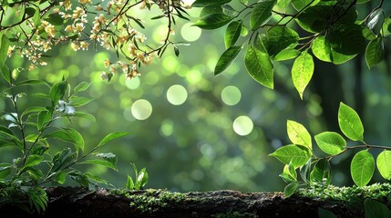 An abstract green bokeh backdrop with circular light patterns and forest tones.
