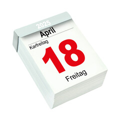 Deutscher Kalender 18. April  2025  Karfreitag  Hintergrund weiss