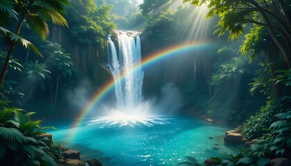 Tropical Waterfall with Rainbow Splashing Into Azure Pool Surrounded by Jungle