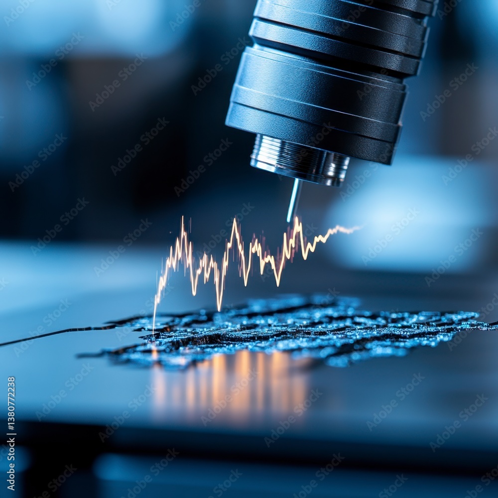 Aufkleber close up of a metallic device etching a glowing graph onto a dark surface, illuminated with cool blu