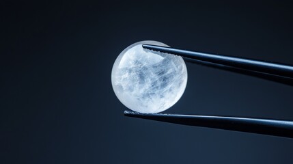 Elegant Moonstone Gemstone Held by Black Tweezers on Dark Background.