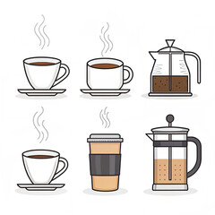 Obraz premium Minimalist Coffee Icons with Cups, French Press, and Pour-Over Kettle – Hand-Drawn Illustration