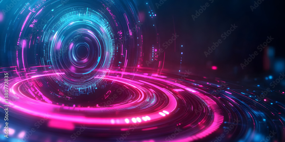 Poster futuristic digital interface glowing in pink and blue tones with circular patterns illustrating tech