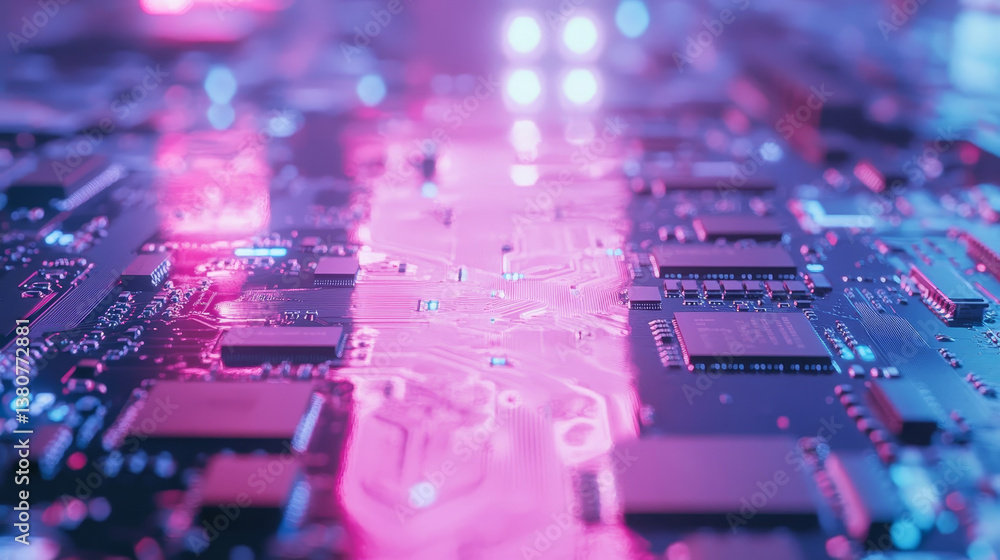 Poster glass ai chip on circuit board. technology background. cpu processor on tech bg. computer microchip.