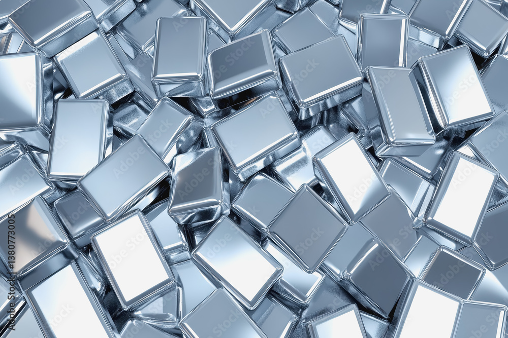 Poster a pile of shiny silver cubes displaying their bright surface and reflective quality against a neutra