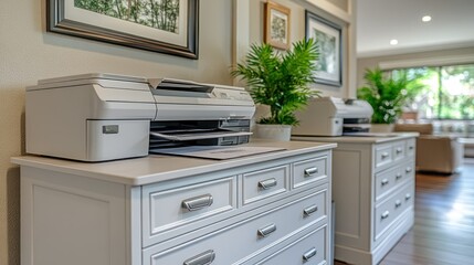 Office Printers on White Dressers in a Calm Workspace