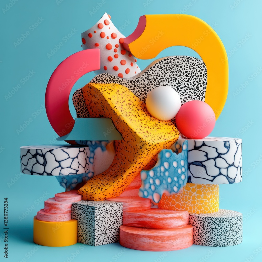 Poster abstract colorful 3d render: a vibrant composition of geometric shapes and textures.
