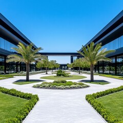 Naklejka premium Modern architectural courtyard with palm trees, lush landscaping, and a paved pathway. Bright sunlight and clear blue sky.