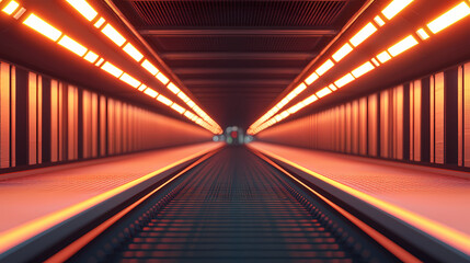 A futuristic tunnel illuminated by orange lights, creating a dynamic perspective with sleek lines and depth.