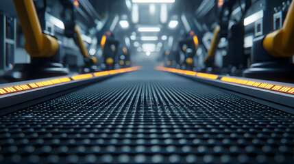 A futuristic industrial corridor featuring robotic arms and a textured floor, illuminated by soft lighting, creating a high-tech atmosphere.
