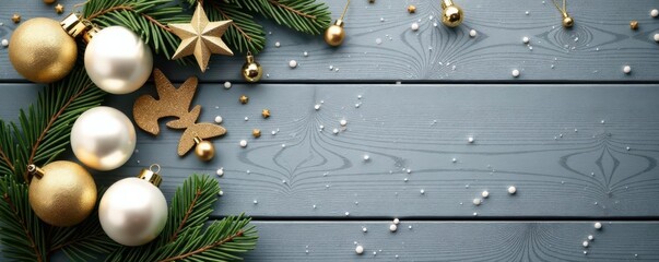White and gold baubles frame gray wood background Perfect for Christmas greetings , ornaments, top view, sophisticated