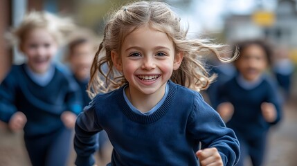 Energetic pupils sprinting outside near swings and slides with bright expressions