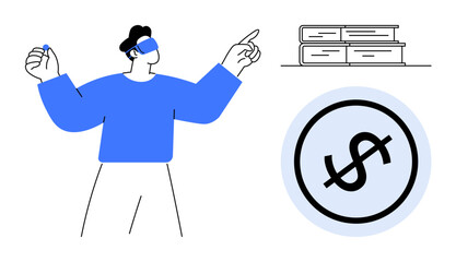 Man in VR headset gestures near stacked books and dollar sign icon, merging education and finance. Ideal for technology, innovation, e-learning, investment, economy, future trends, virtual tools