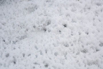 A snow covered ground with a few footprints