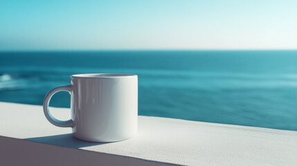 A high-resolution photo of a glossy white mug on a seaside balcony, distant ocean waves gently blurred, faint reflection of the cup on the smooth surface