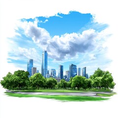 Obraz premium Cityscape with lush green trees and a bright blue sky. White clouds add depth to the image. A modern city skyline with skyscrapers is visible.