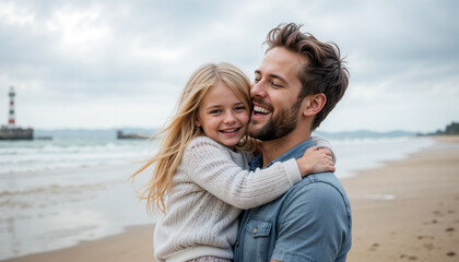 Father with beard and young blonde daughter hugging on sandy beach, both laughing with ocean, lighthouse and cloudy sky in background