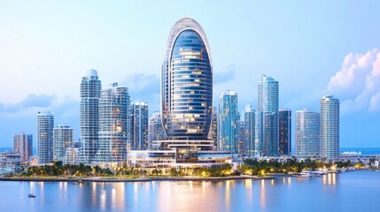 Fototapeta premium Modern cityscape at dawn, featuring a prominent curved skyscraper, surrounded by other high rises. Calm water reflects the city lights.