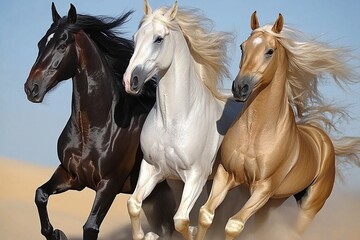 Obraz premium Three majestic horses — a black, a white, and a gold — run freely across a sandy landscape, manes and tails flowing in the wind.