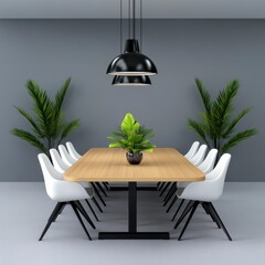 Modern conference room interior with a long wooden table, white chairs, and black pendant lights. Two potted plants add a touch of nature.