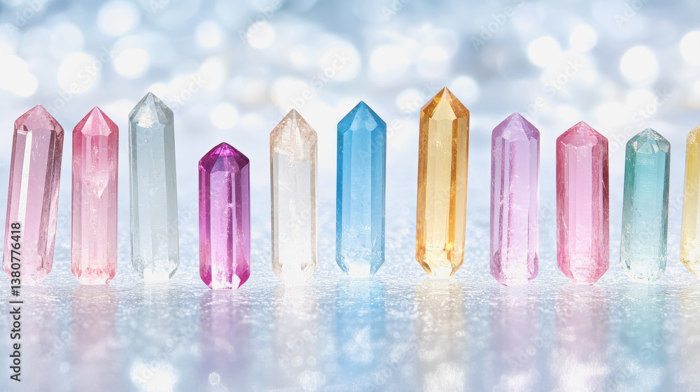 Poster striking array of colorful gems arranged in a row highlighting their unique features and vibrant hue