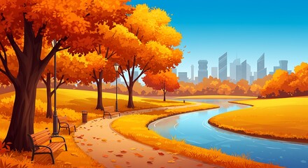 Autumn City Park: Scenic River Walk & Golden Leaves AI Generated