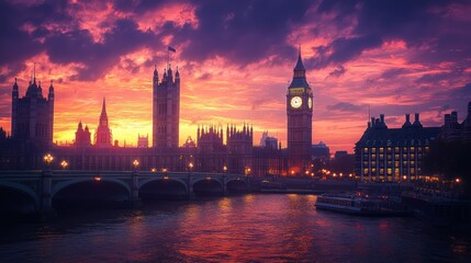 Fototapeta premium London sunset, Big Ben, Parliament, Thames, bridge, vibrant sky, tourism, travel poster