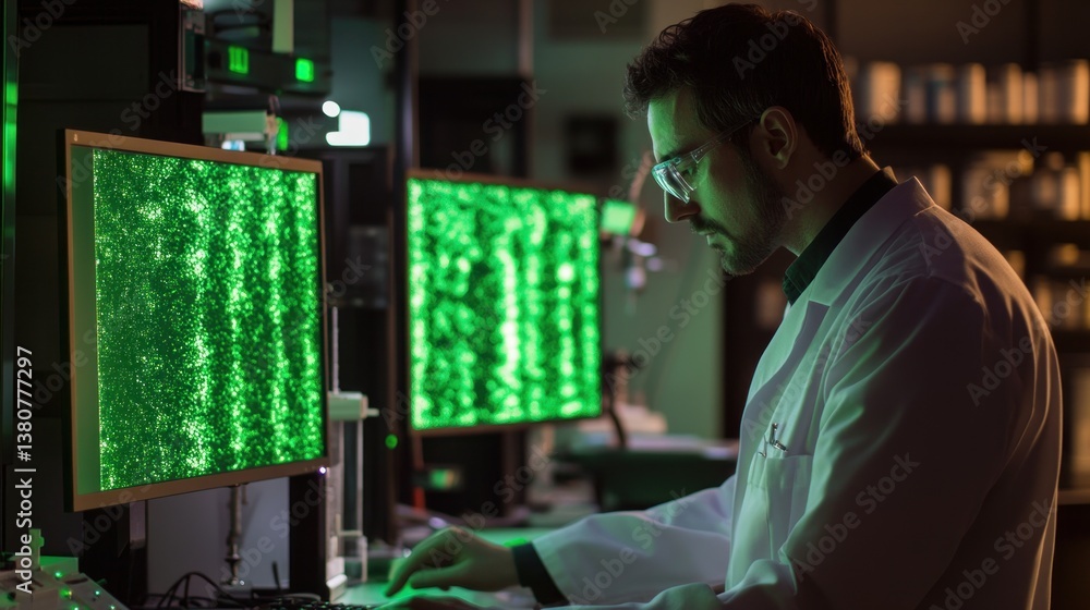 Poster Scientist Analyzing Green Glowing Data on Computer Screens in Laboratory