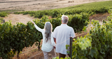 Love, back and travel with old couple in nature for romance, anniversary date and bonding. Walking, retirement and view with senior man and woman at vineyard for holding hands, relax and vacation