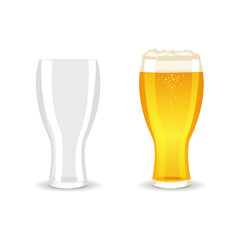 Transparent glasses for beer, one empty and the other filled with beer.Vector illustration.