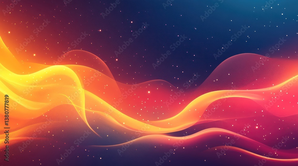 Poster abstract fiery orange and red waves on dark background with sparkles.
