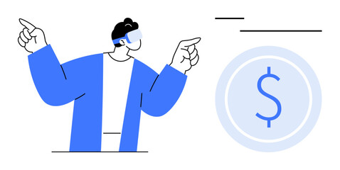Man in VR headset making gestures with both hands beside a large dollar symbol. Ideal for virtual reality, fintech, finance innovation, digital economy, cryptocurrency, virtual interaction, online