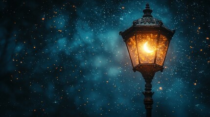 Night's Embrace: A Crescent Moon Illuminates a Streetlamp Under a Starry Sky