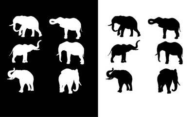 elephant set silhouette illustration, vector design, art, pet, pets, wildlife, wild animal silhouette, black, white, symbol, icon, design, illustration, set, animal, group,