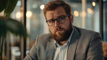 Obraz premium A business meeting scene with a bearded man wearing glasses and a gray suit sitting at a wooden table.