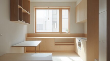Photo of compact minimalist built-in scandinavian-style kitchen with appliances in oak and white with led lights
