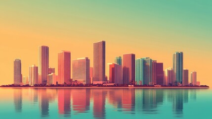 Minimalist rendering of Miami skyline with bold colors and clean lines