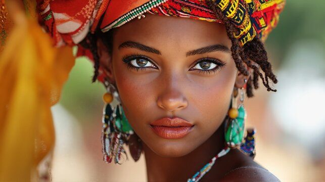 Portrait of young African woman in colorful traditional headwrap and earrings outdoors. Stylized image for Africa Day, Black History Month, Kwanzaa, or cultural celebration themes.
