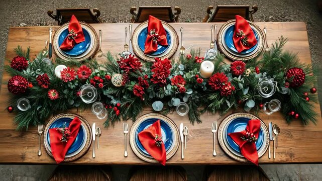 Elegant christmas table setting with red decor and festive floral arrangement Happy 4th of July, Independence Day USA