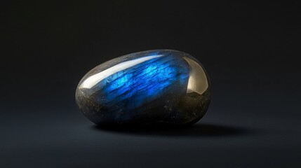 Polished blue moonstone labradorite crystal isolated on black background
